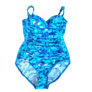 Trimshaper Ruched One Piece Swimsuit Tummy Control Floral Blue 14 Slimming Shape